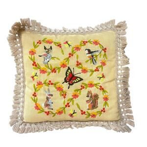 Vintage Crewel Embroidered Throw Pillow,‎ Woodland Needlepoint